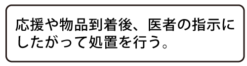 応援や物品到着後、医師の指示にしたがって処置を行う。