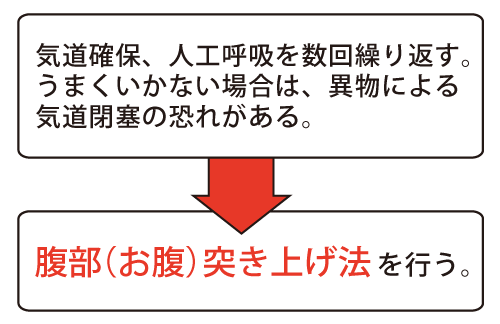 気道確保、人工呼吸を数回繰り返す。うまくいかない場合は、異物による気道閉塞の恐れがある。腹部（お腹）突き上げ法を行う